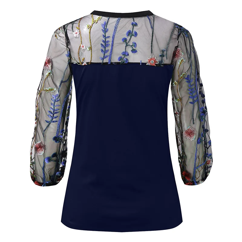 

New Embroidery Flower Mesh Lace Blouses Women Elegant O Neck Long Sleeve Spring Shirts Summer Patchwork Office Lady Top Pullvoer