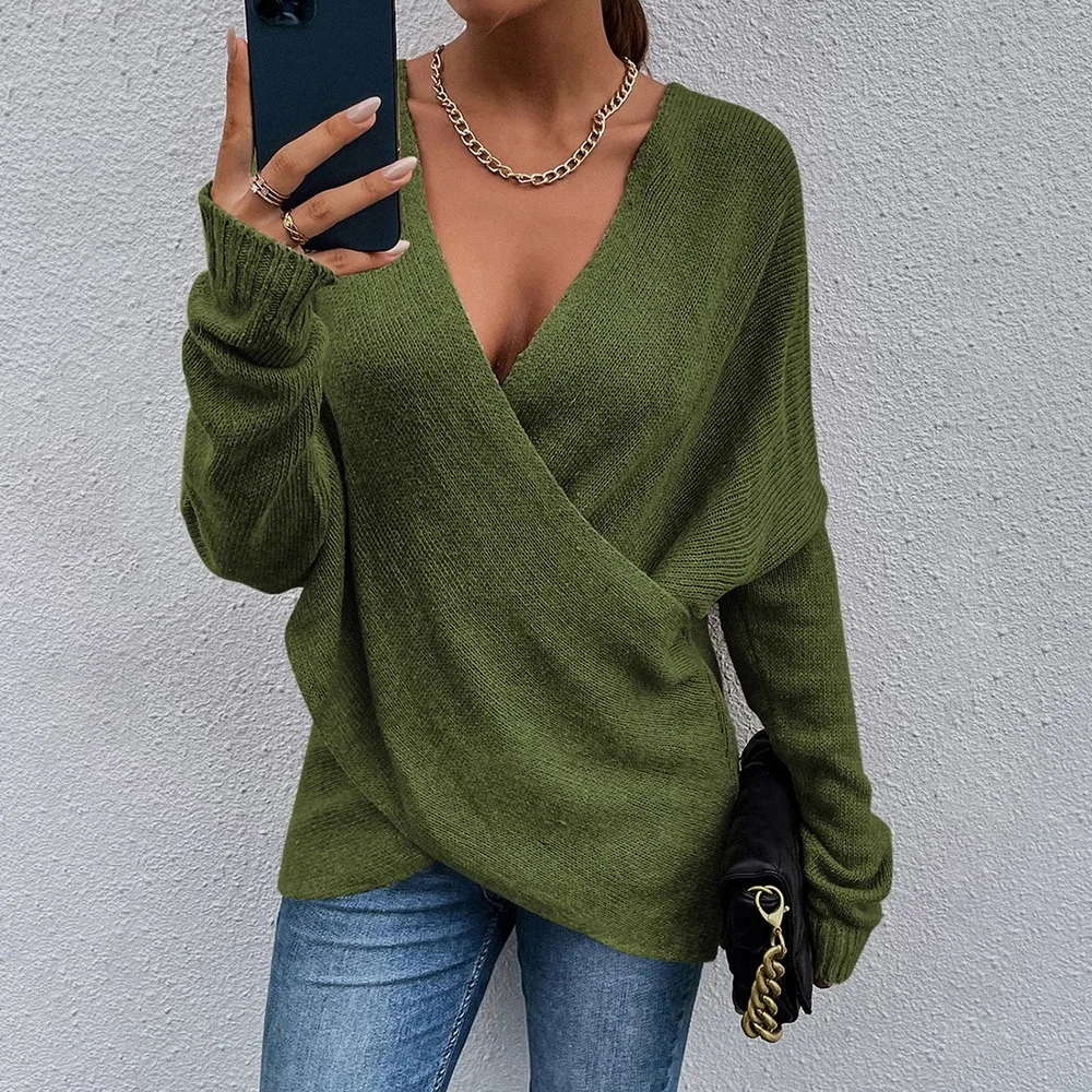 

Muyogrt Sexy V-Neck Wrap Sweaters For Women Autumn Winter 2021 Off Shoulder Jumper Top Loose Pull Femme Sueter Knitwear Sweaters