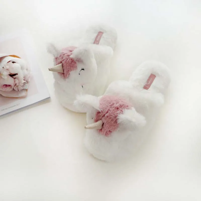 Product Three-dimensional unicorn plush slippers head winter warm cotton slippers Indoor silent non-slip home slippers