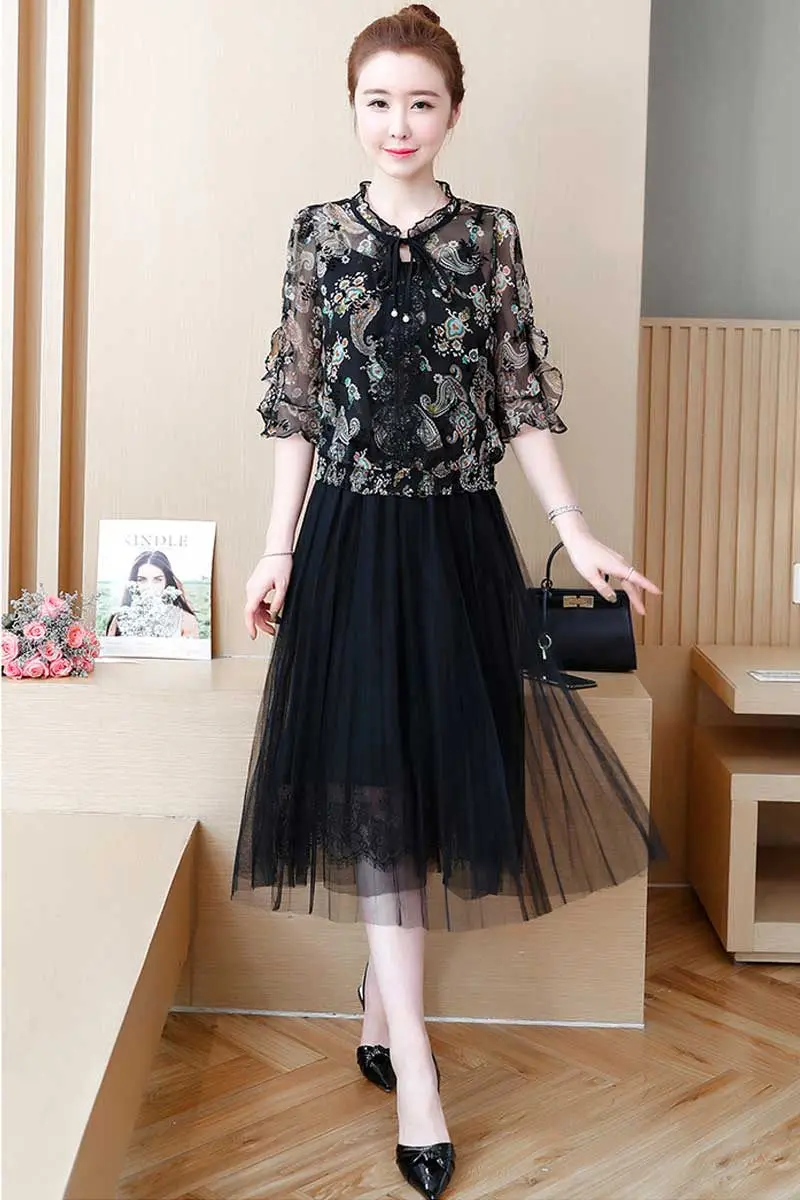 

Plus Size Dress Female Printed Chiffon Top Mid-length Suspender Mesh Dress Summer New 2020 Fashion Women Shirt Dress Set K331