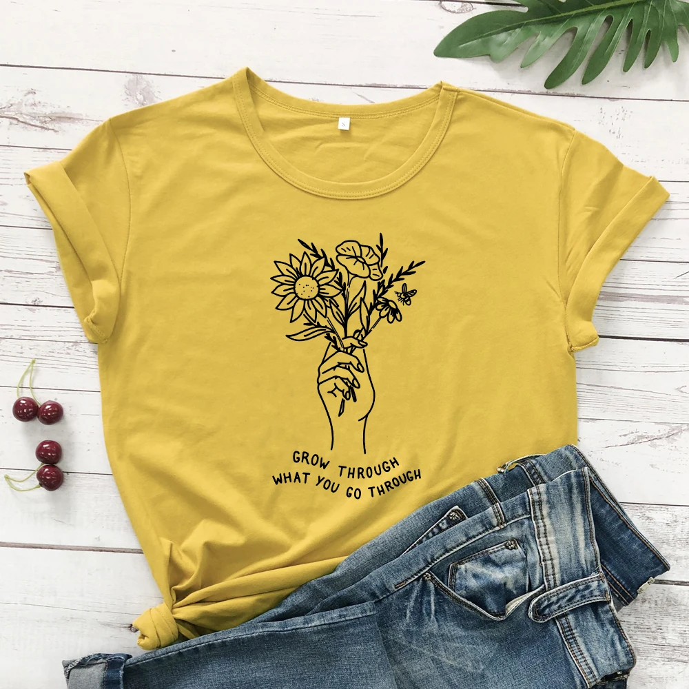 mustard-black text Летние расти через то, что вы проходите футболки Винтаж Цветочный принт футболка Топ Для женщин Crewbeck крафический Tumblr из хлопчатобумажной ткани, раздел-футболки - Цвет: mustard-black text