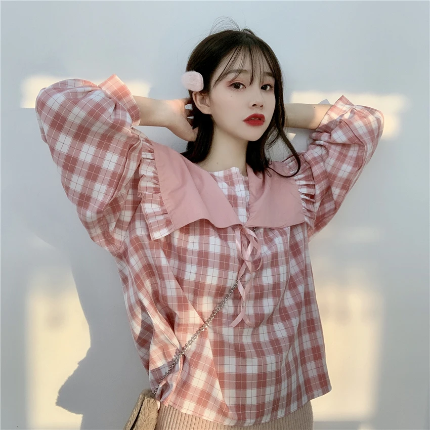 

camisa feminina Women japan INS ruffles plaid Blouses Long Sleeve Tops peter pan collar spring fall Shirts Fashion Female Blusas