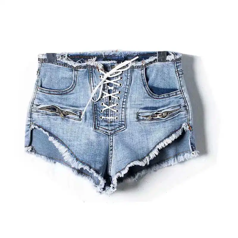 

Women Loose Mid waist crimping denim shorts Fitness cotton pockets lace-up short jeans