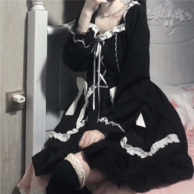 

Japanese Black Gothic Lolita Dress Vintage Victorian Lace-up Ruffles Princess Dress Women Punk Dresses