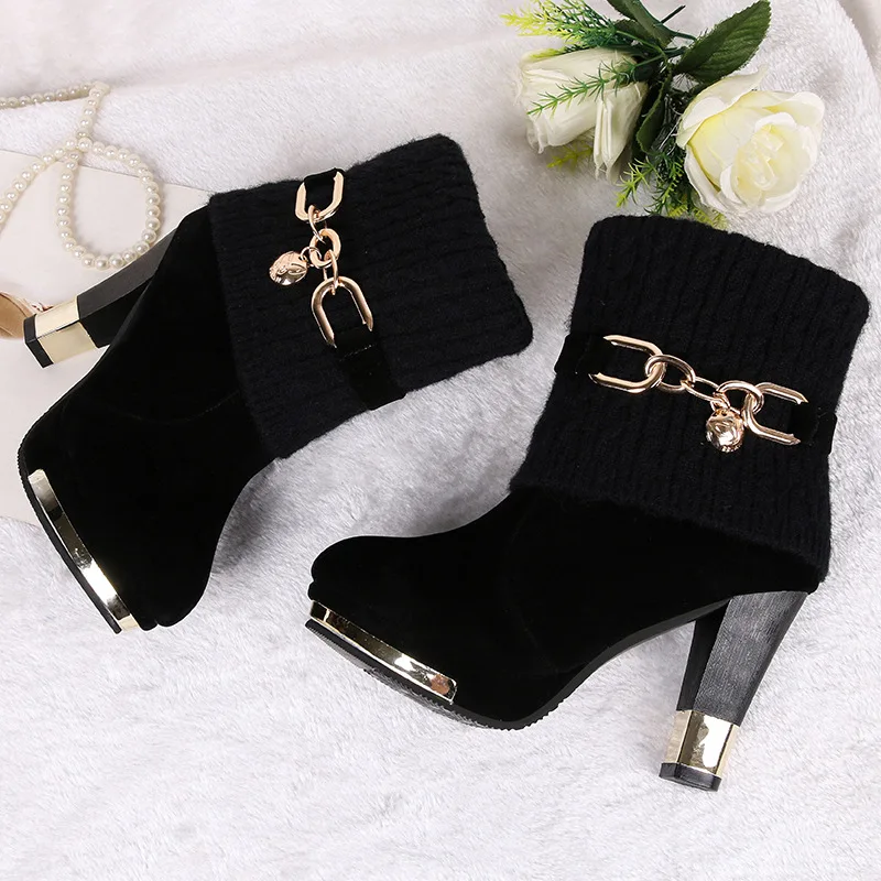 New winter 2019 boots with chunky heels high ground wool mid-leg large size 43 Martin |