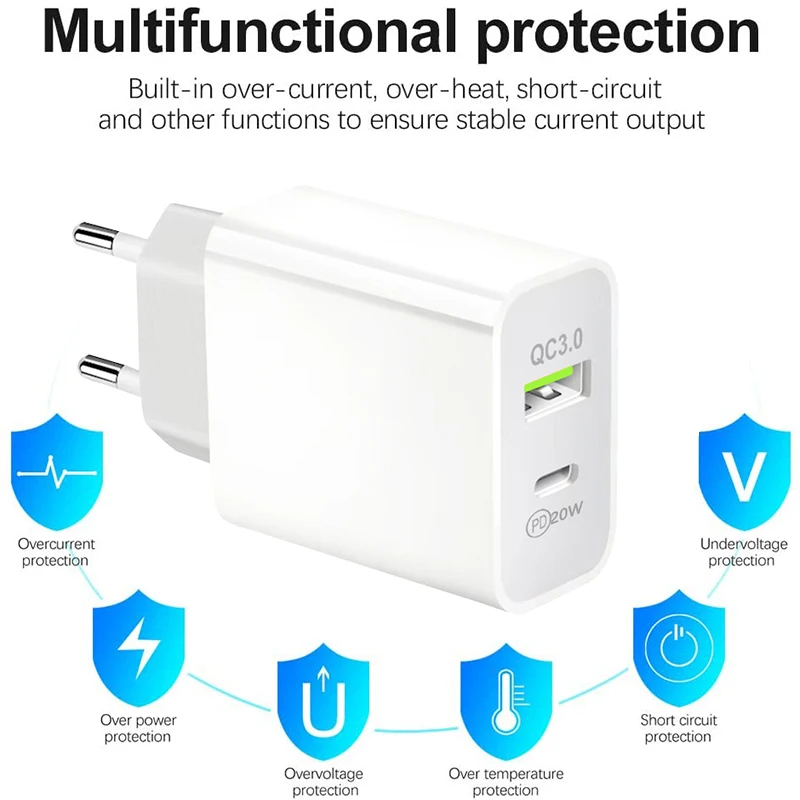 Быстрое зарядное устройство PD 20 Вт USB Type C QC3.0 для дома и офиса розетка стандарта