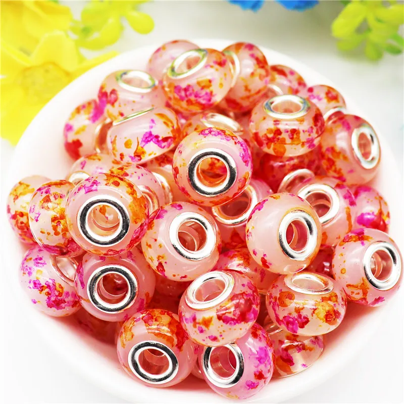 

10pcs/lot Wholesale Big Hole Flower Beads Resin Spacer Charms Fit Pandora Bracelet Snake Chain Cord Necklaces Jewelry Making DIY
