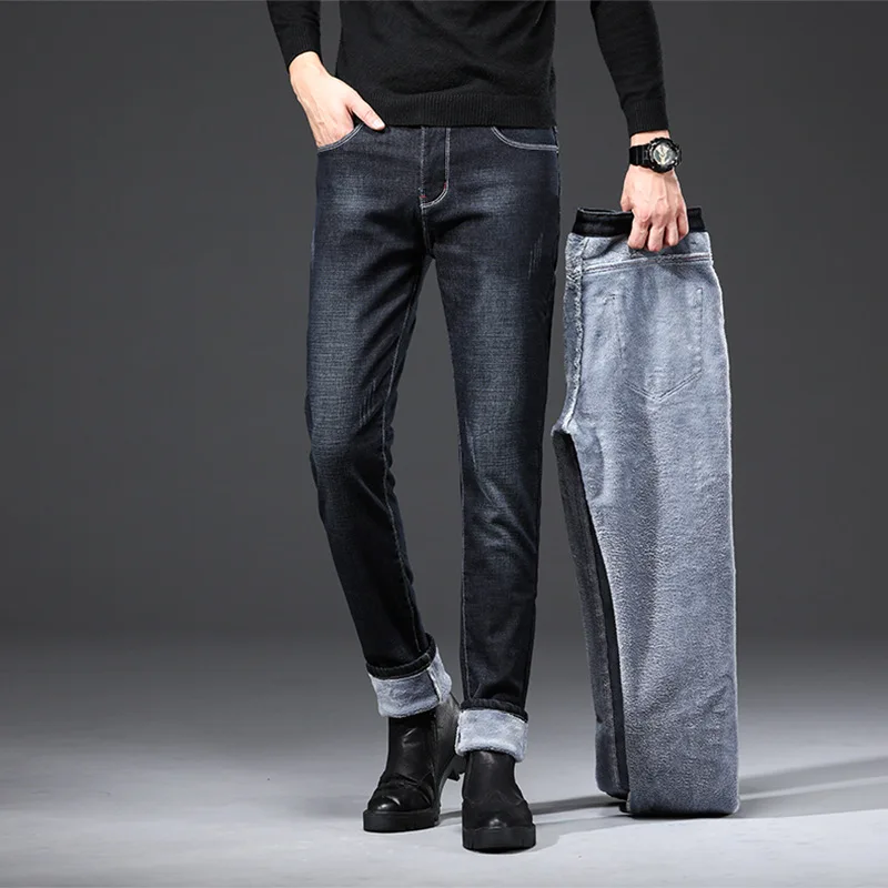 Biker Jean Winter Warm Thicken Fleece Lined Velvet Pantalones Plus Size 36 Stretch Skinny Mens Jeans