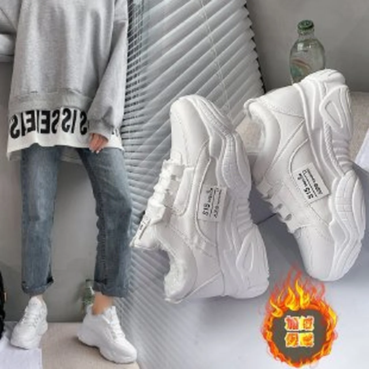 

Winter White Platform Sneakers Women Shoes Korean Leather Ladies Casual Shoes Woman Black Warm Fur Slip On Shoes For Women 2021