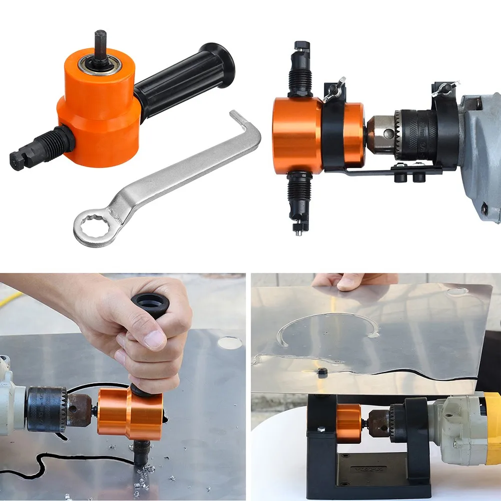 

Double Head Sheet Nibble Metal Nibbler Saw Cutter 360 Degree Adjustable Drill Attachment With Extra Punch Free Cutting Tool