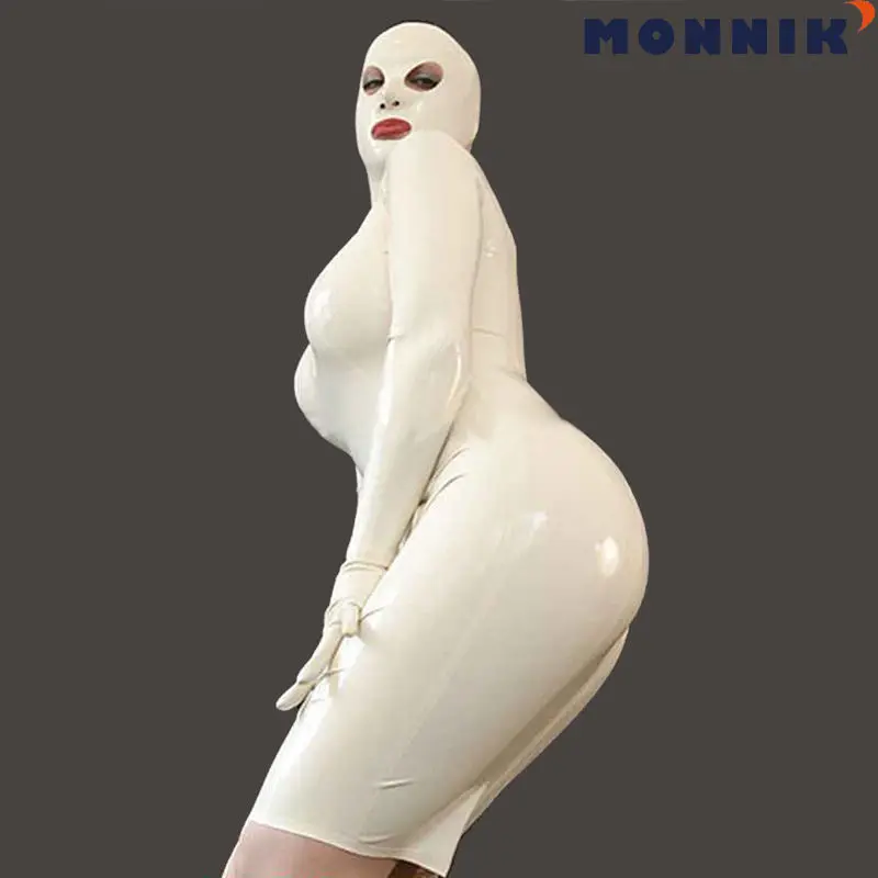 MONNIK latexSexy белое латексное резиновое женское платье с капюшоном маска Gummi 0 4 мм