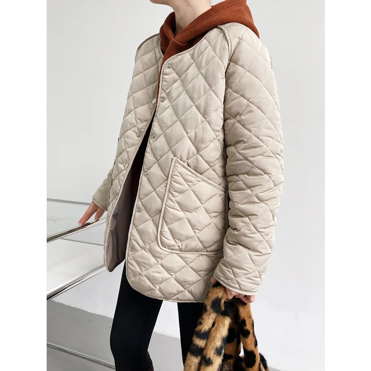 2021 Loose Padded Ladies Jacket  Women Winter Coat with Rhombus Pattern Single-breasted O- Neck Solid Color Thick Down Parka