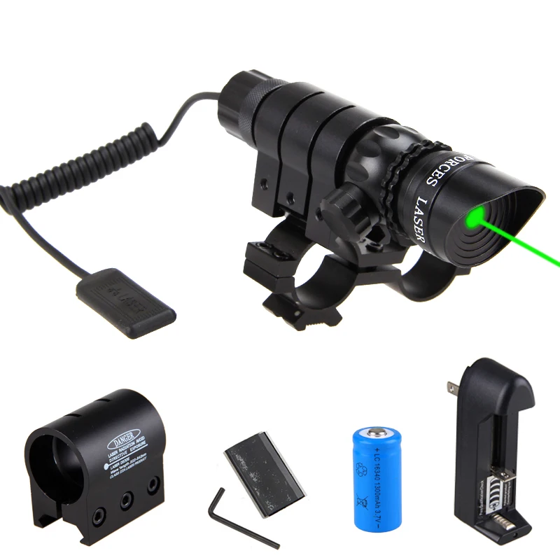 

Tactical Weapon Gun Light Green/Red Laser Dot Sight Scope Light +Hunting Rifle Scope Barrel Mount+Pressure Switch+CR123A+Charger