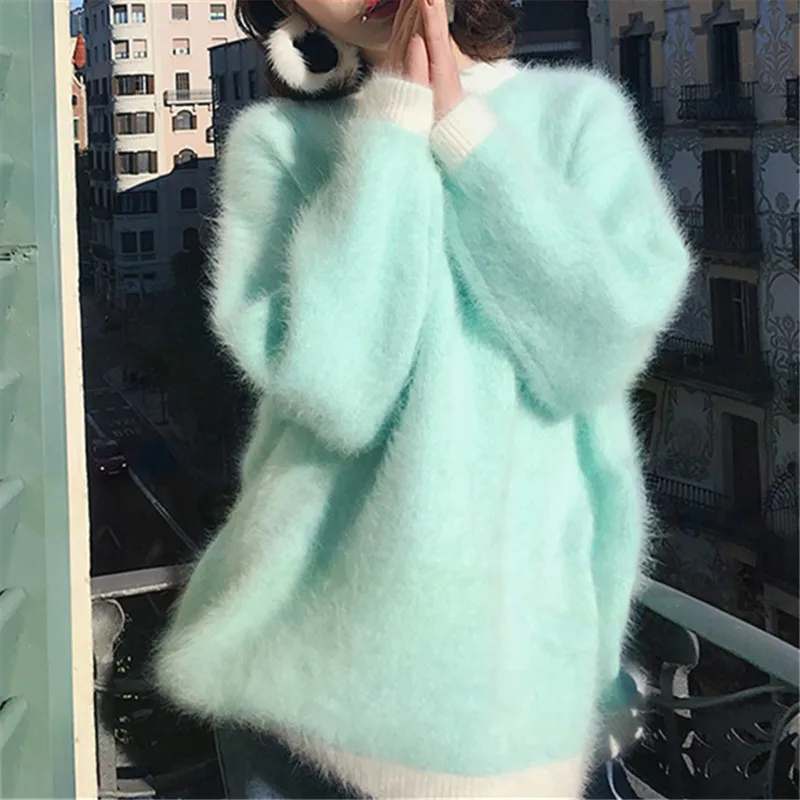 

JSXDHK Elegant Autumn Winter Women Mink Cashmere Soft Long Pullovers Fashion Mohair Thick Knitted Loose Lazy Warm Sweater Tops