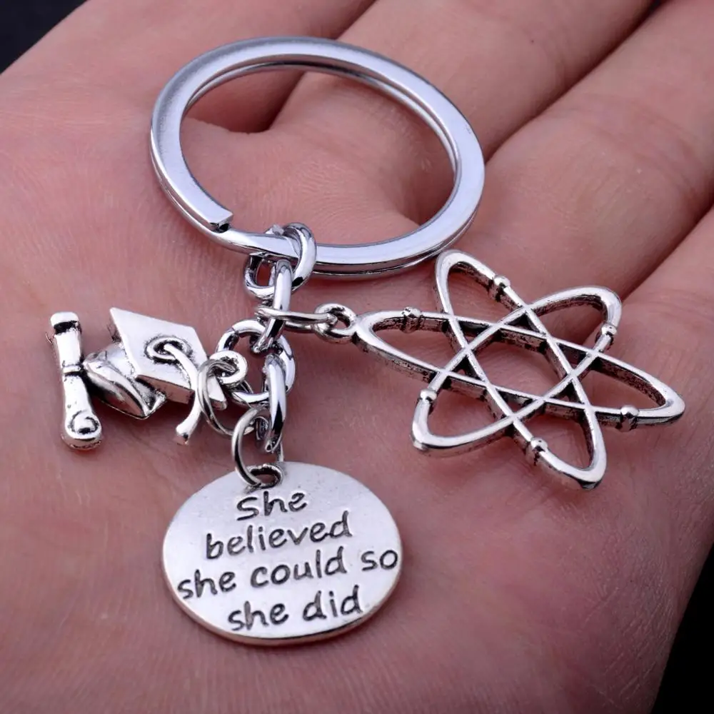 

12PC Chemical Molecule Keychains She Believed She Could So She Did Bachelor Cap Charm Pendant Keyrings Women Men Graduation Gift