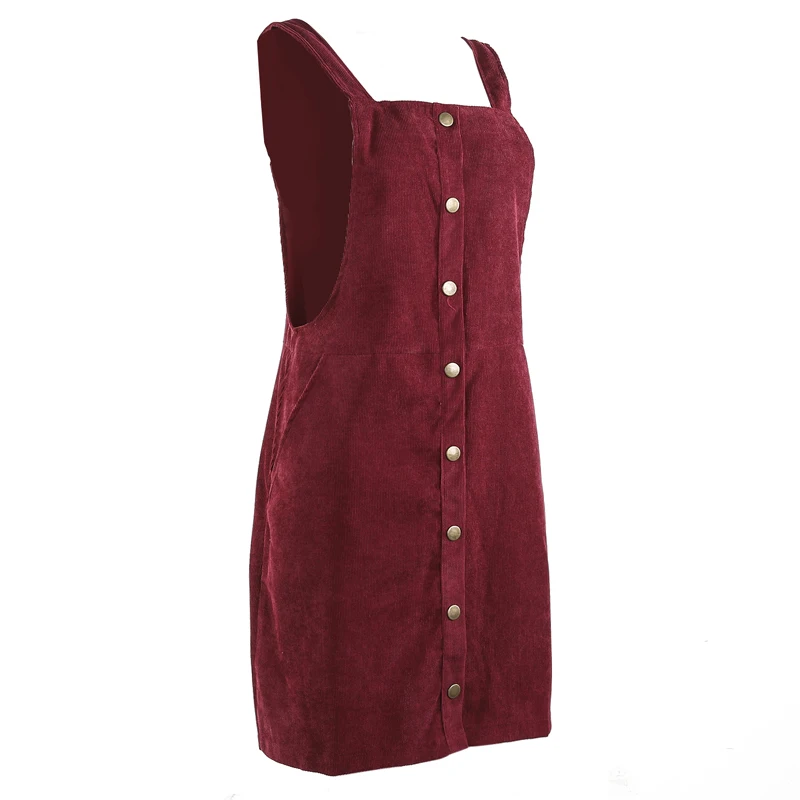 

2021 Women Suspender Dress Strap Solid Button Pocket Single Breasted Solid Casual Square Collar Bag Hip Streetwear