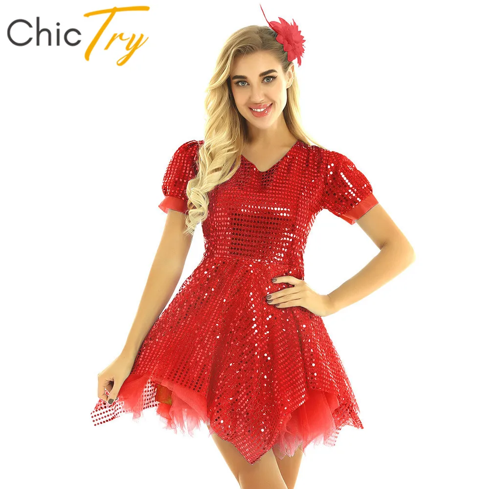 ChicTry для женщин Блестящие Блестки сетка тюль платье латинских танцев с заколка
