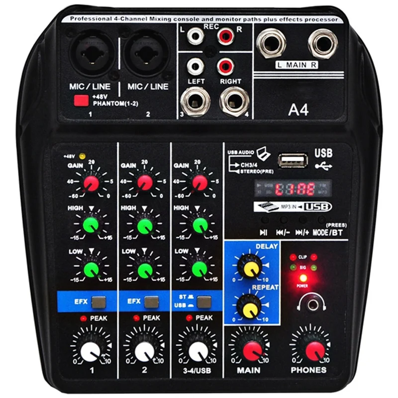 Eu Plug A4 Sound Mixing Console Bluetooth Usb Record Computer Playback 48V Phantom Power Delay Repaeat Effect 4 Channels Aud | Электроника