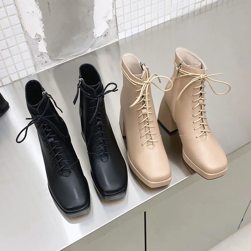 

Spring and autumn 2020 new solid color thick high-heeled shoes female fashion wild square head leather short boots X179