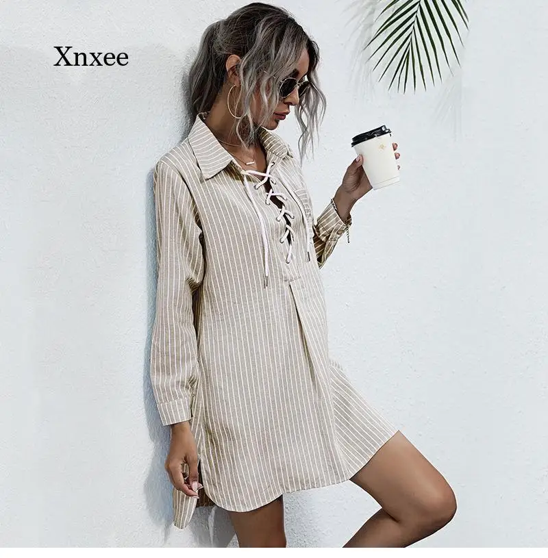 

Женские платья-рубашки в полоску, элегантное весенне-летнее Новое модное женское платье с длинным рукавом и отложным воротником, со шнуровк...
