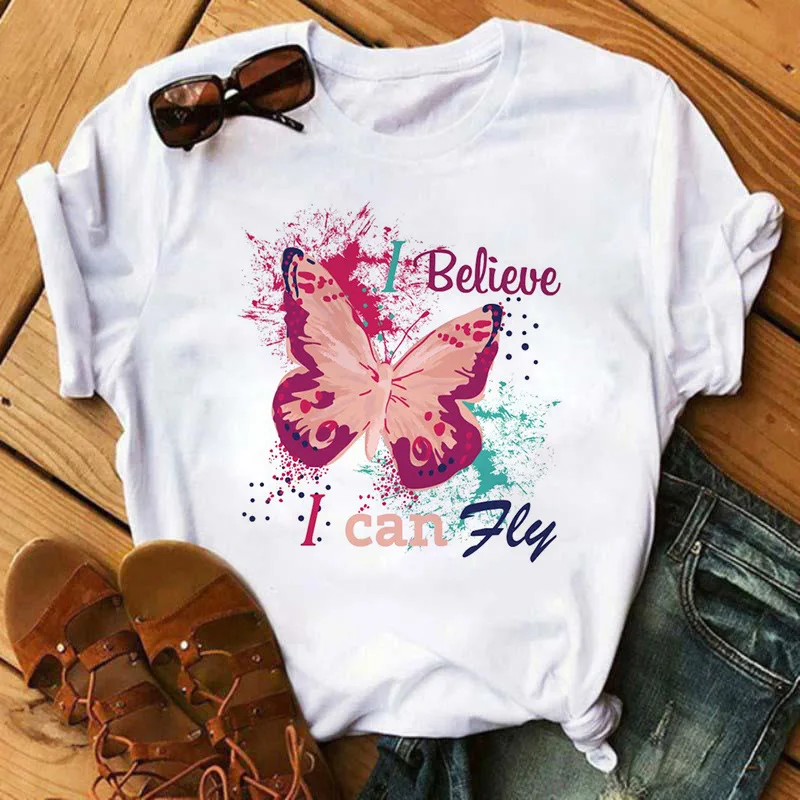 

Believe I Can Fly Butterfly Print Women T Shirt Short Sleeve O Neck Loose Women Tshirt Ladies Tee Shirt Tops Camisetas Mujer