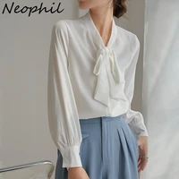 neophil 2022 spring women white casual satin shirts korean ladies office lace up bow collar long sleeve elegant slim tops b21718