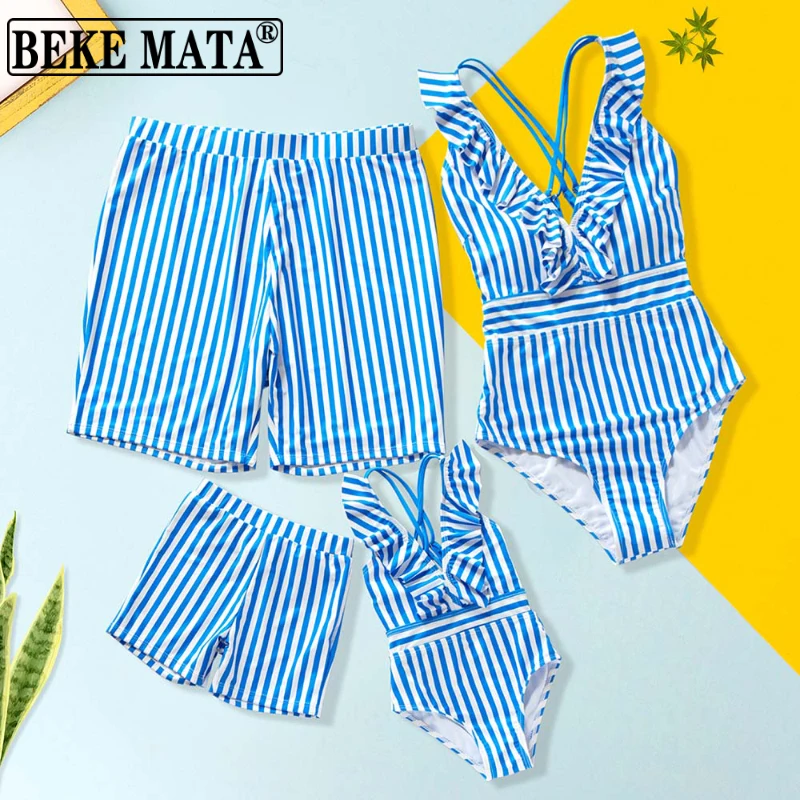 

Family Swimsuit Mother Daughter Swimwear Father Son Swim Shorts 2022 Summer Striped Mom And Daughter Bikini Suit Matching Outfit
