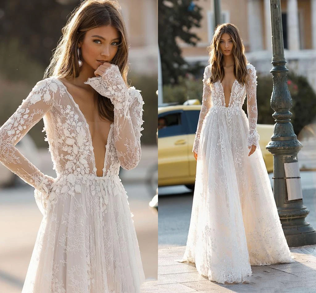 

Wedding Dresses Sexy Deep V Neck Backless 2021 Elegant Berta 3D Flora Lace Appliques Beach Bridal Gown Custom Robe De Mariee