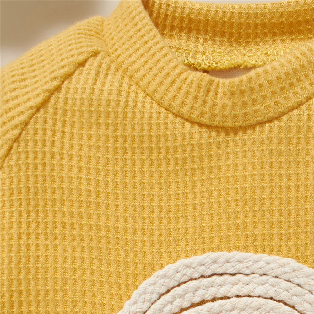 Baby Boy Girls 2Pcs Outfits Toddler Rainbow Print Waffle Knitted Long Sleeve Rompers Pants Newborn Infant Spring Autumn Clothes