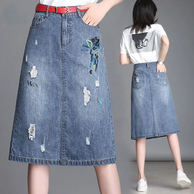 

2021 New Summer Korean Fashion Women High Waist Knee-length Denim Skirt Female Embroidery Floral A-line Skirt W478