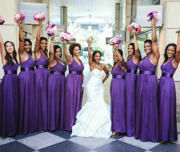 

Африканские шифоновые фиолетовые платья подружки невесты с v-образным вырезом и карманами, длинные платья в пол, на заказ, на молнии, торжест...