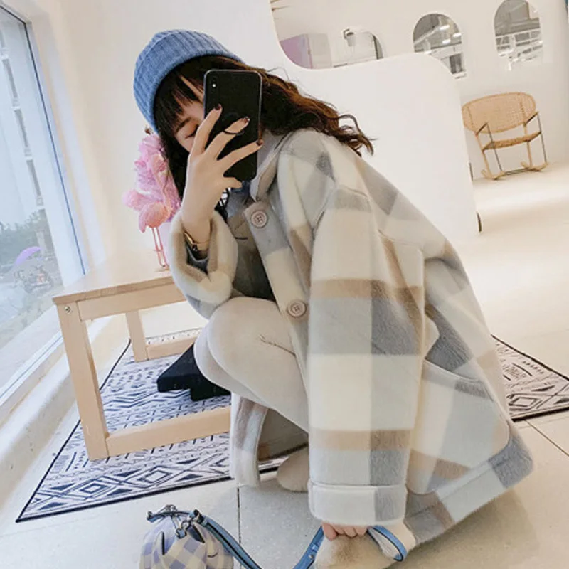 

Winter Jacket Women 2021 Women Plaid Coat Korean Version of Woolen Coat Thickening Straight Large Size Winter Woman Coats Y64