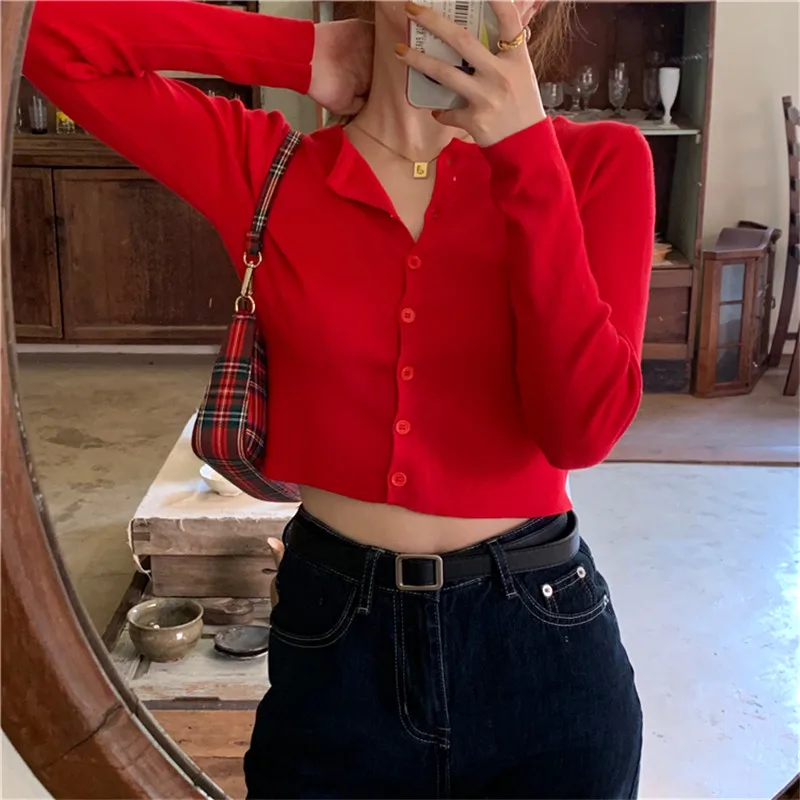 

Укороченный кардиган, женский короткий вязаный свитер, весенний однобортный Кардиган с длинным рукавом, для студентов, Повседневный Кардиг...