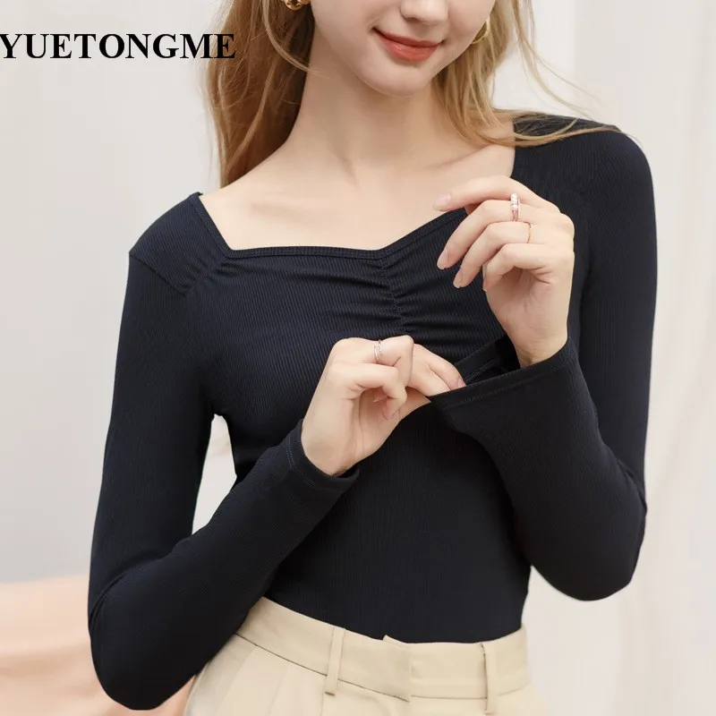 Весенняя Новая модная женская футболка с квадратным вырезом плиссированная