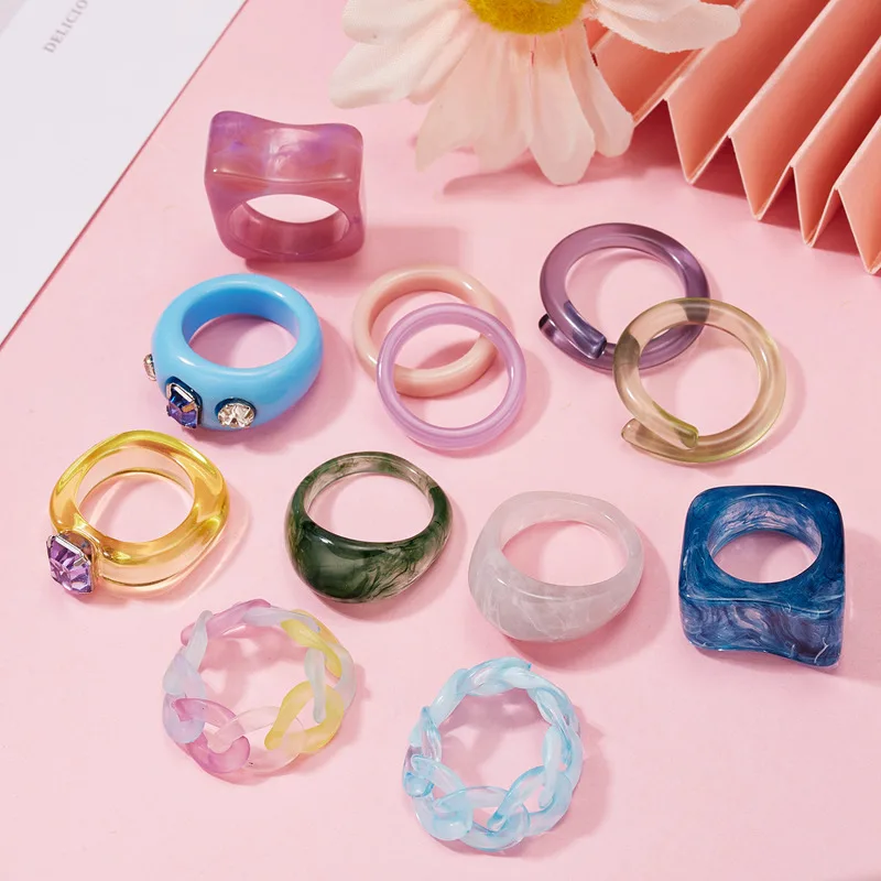 

2021 New Fashion Candy Color Transparent Resin Irregular Geometric Rings For Women Finger Fruit Chain Knuckle Jewelry Girl Gifts