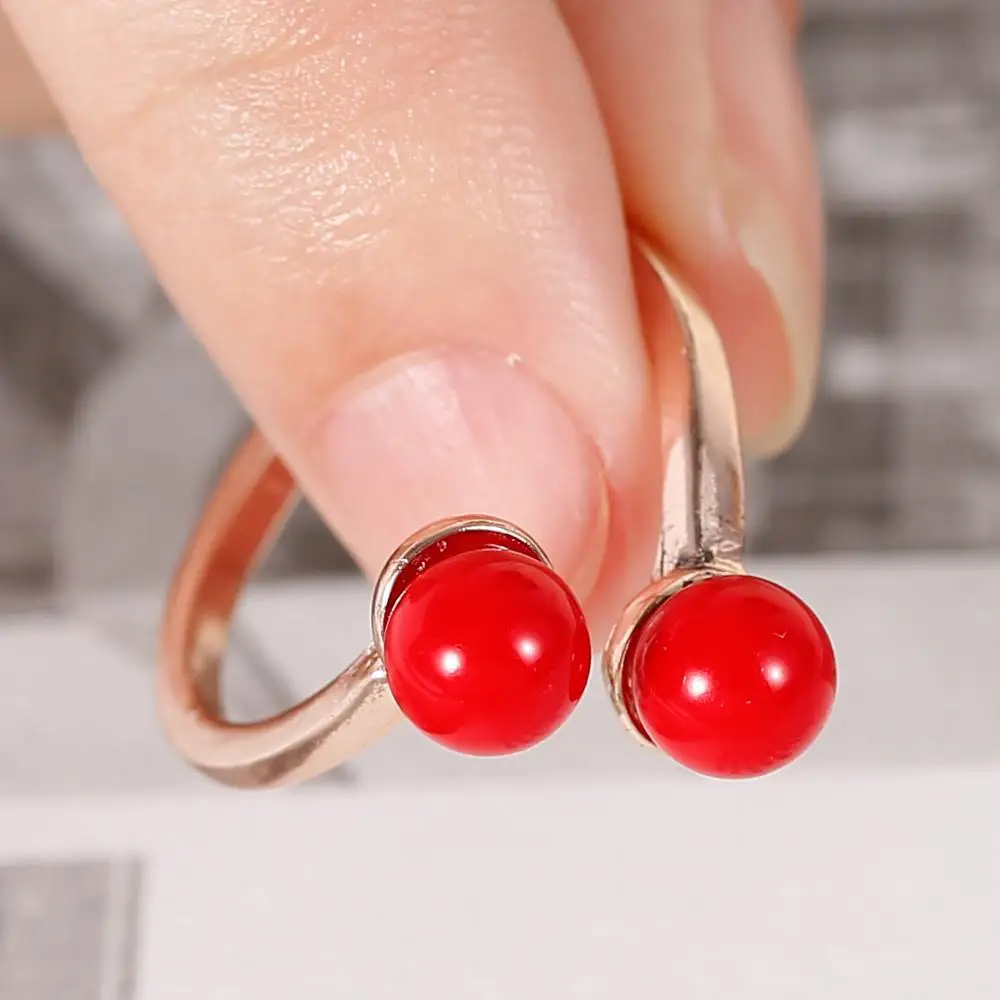 

Classical Rose Gold Color Red Beads Open Ring For Women Engagement Party Wedding Jewelry Adjustable Accessories