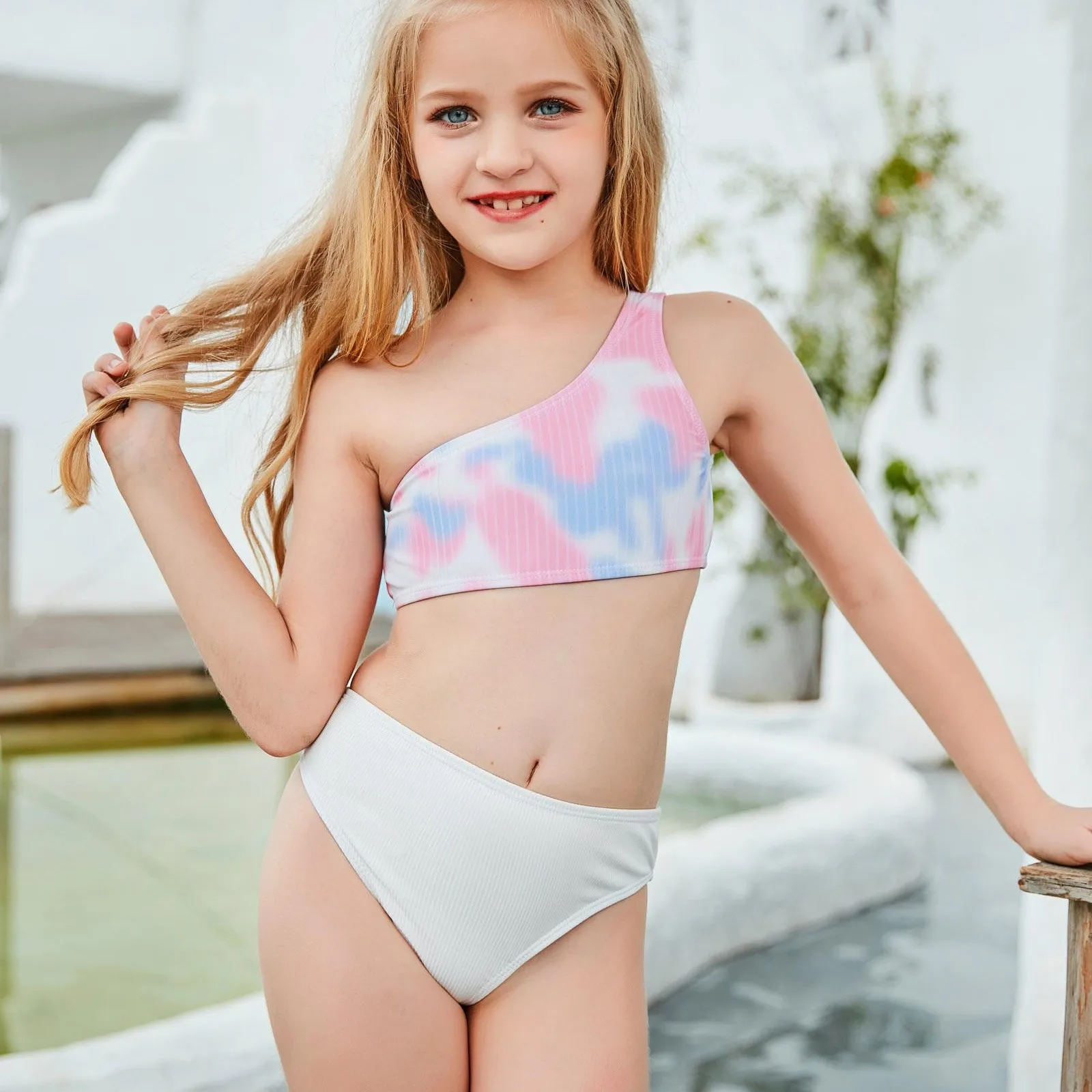 

9-14 Years Girls swimsuit swinwear summer Girls Two-piece Swimsuit Color Gradient One Shoulder Beach Split Bikini bikini niÃ±a
