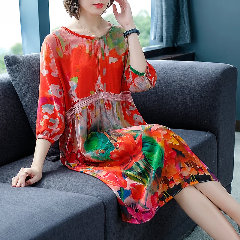 Женское шелковое платье миди с цветочным принтом большого размера|Женские