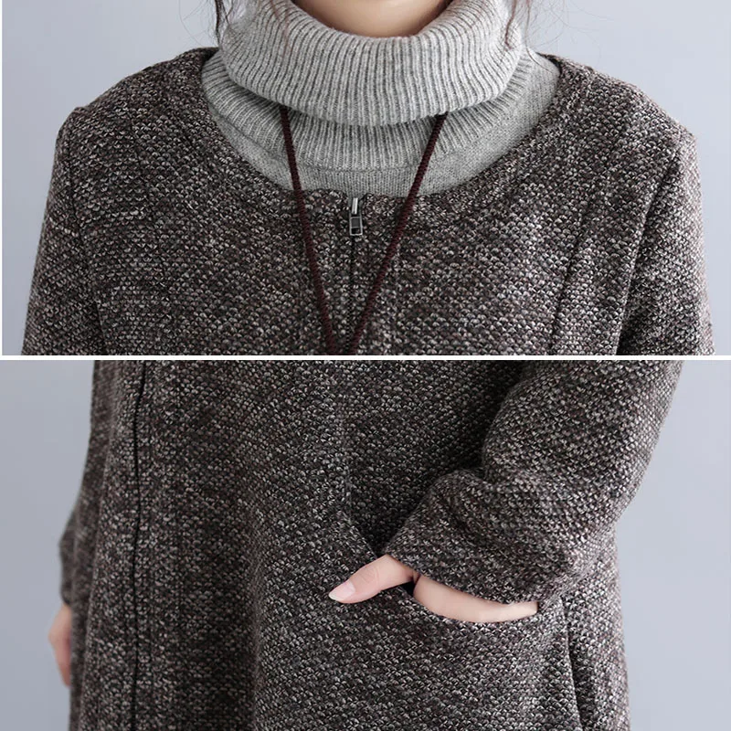 

WAYWAN Irregular hem Mid-Long Wool Dress Women Fall Winter Fashion Oversized Long Sleeve O-neck Zipper Pocket Dresses Coat