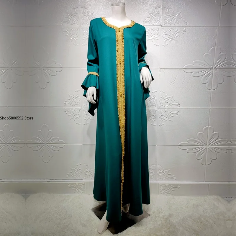 Muslim Fashion Ruffle Sleeve Jalabiya Eid 2021 Kaftan Dress Abayas For Women Dubai Moroccan Arabic Turkish Clothes Golden Lace