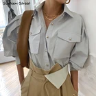 Рубашка-карго женская с карманами, шикарный топ с пышными рукавами, уличная одежда цвета хаки, элегантный модный топ в Корейском стиле на пуговицах, на осень