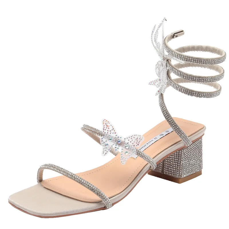 

2021 Summer New Sexy Rhinestone Thick Heel High Heel Sandals Women Rhinestones and Online Celebrity Ins Tide Sandals Factory
