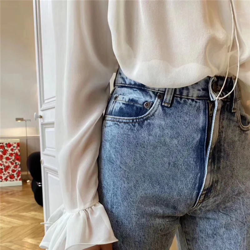 

GALCAUR Vintage Ruched Shirt For Women Stand Filare Collar Perspective Bandage Elegant Blouse Female 2020 Autumn Fashion New