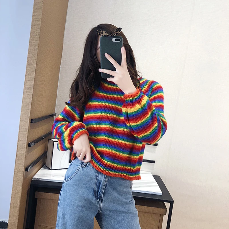 Женский трикотажный свитер разноцветный Свободный пуловер в полоску Корейском