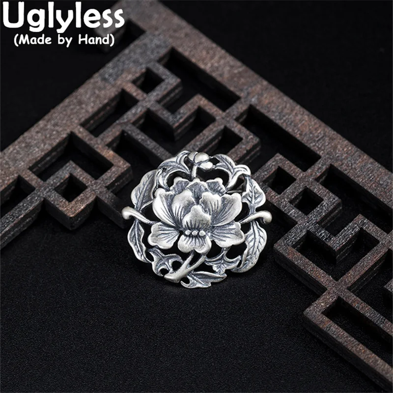 

Uglyless Neutral Vintage Thai Silver Peony Brooches for Women 925 Silver Ethnic Pins Unisex Men Floral Brooches Dress Jewelry
