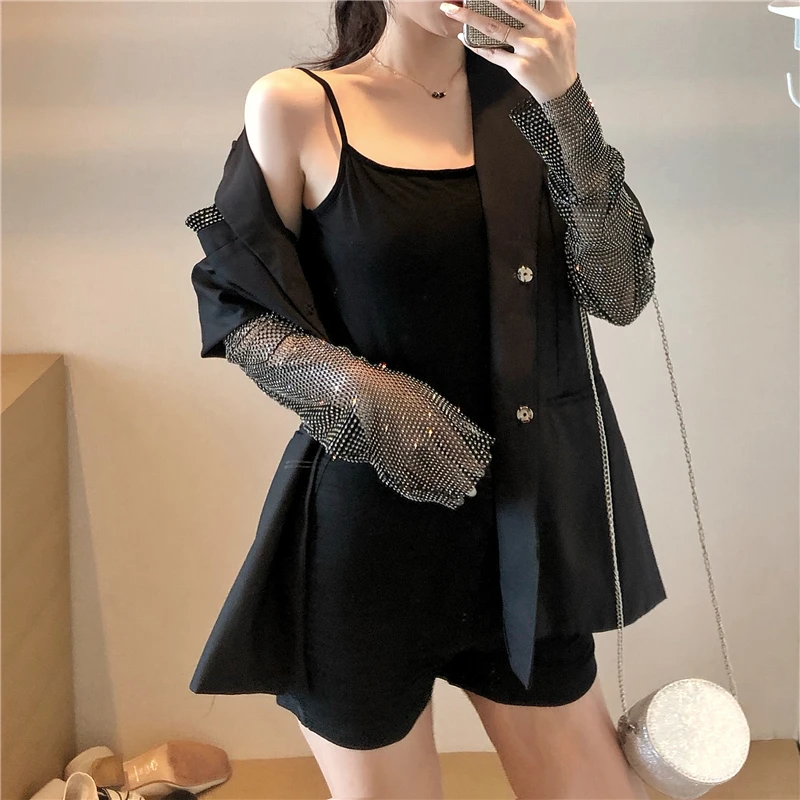 

Solid Blazer For Women Long Sleeve Diamond Patchwork Long Elegant Coat Female Fashion women Clothing