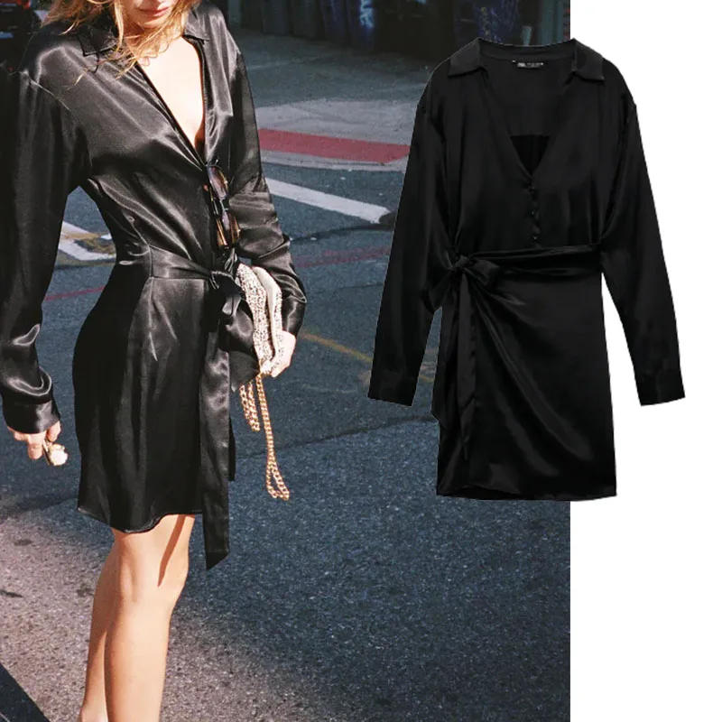 

Xypskh Za Women 2021 Autumn Fashion Lacing Wrap Mini Shirt Dress Vintage Long Sleeve V-neck Buttons Party Female Dresses Mujer