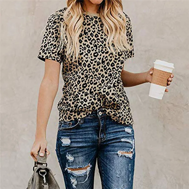 4 цвета женская мода Леопардовый принт топ забавный летний круглый вырез