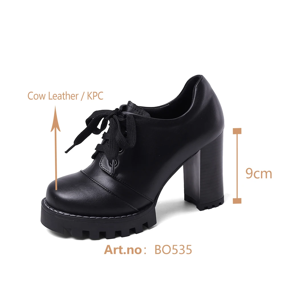 

BESCONE Leisure Women's Pumps Heels Fashion High Quality Leather Platform Lace-Up Round Toe Pumps Comfortable Ladies Shoes BO535