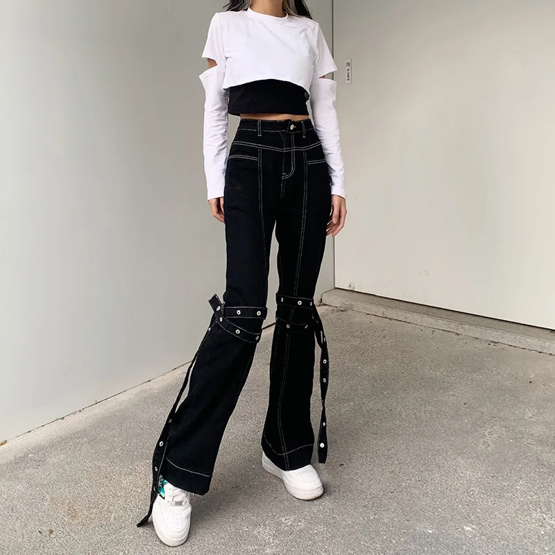 

Женские джинсы в стиле Харадзюку, черные широкие брюки в стиле панк, хип-хоп, бандажные брюки с заклепками и высокой талией, уличная одежда, н...
